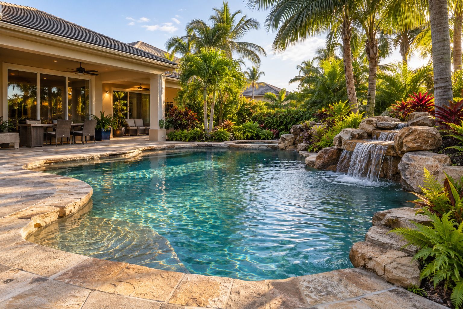 Freeform pool with a natural rock waterfall, tropical plants and a stone deck (AI-generated concept image)