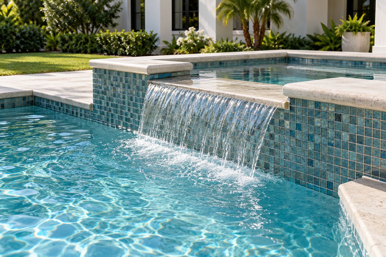 Close view of a raised spa spilling into a pool over blue glass mosaic tile and stone coping (AI-generated concept image)