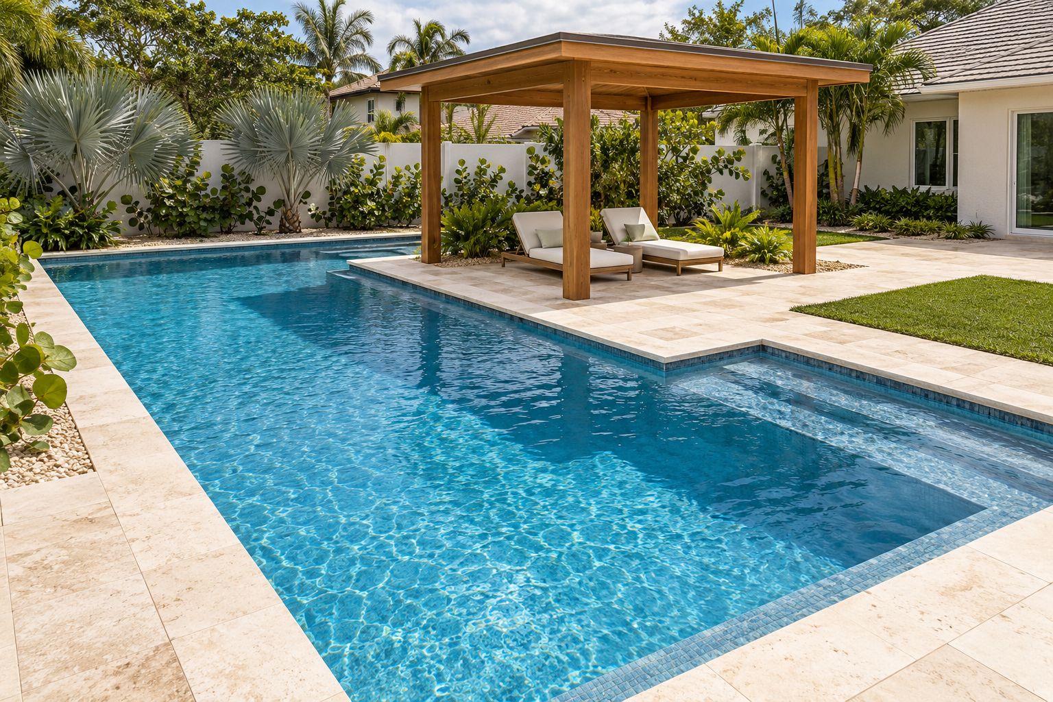 L-shaped pool with a cedar pavilion, lounge chairs and a travertine paver deck (AI-generated concept image)