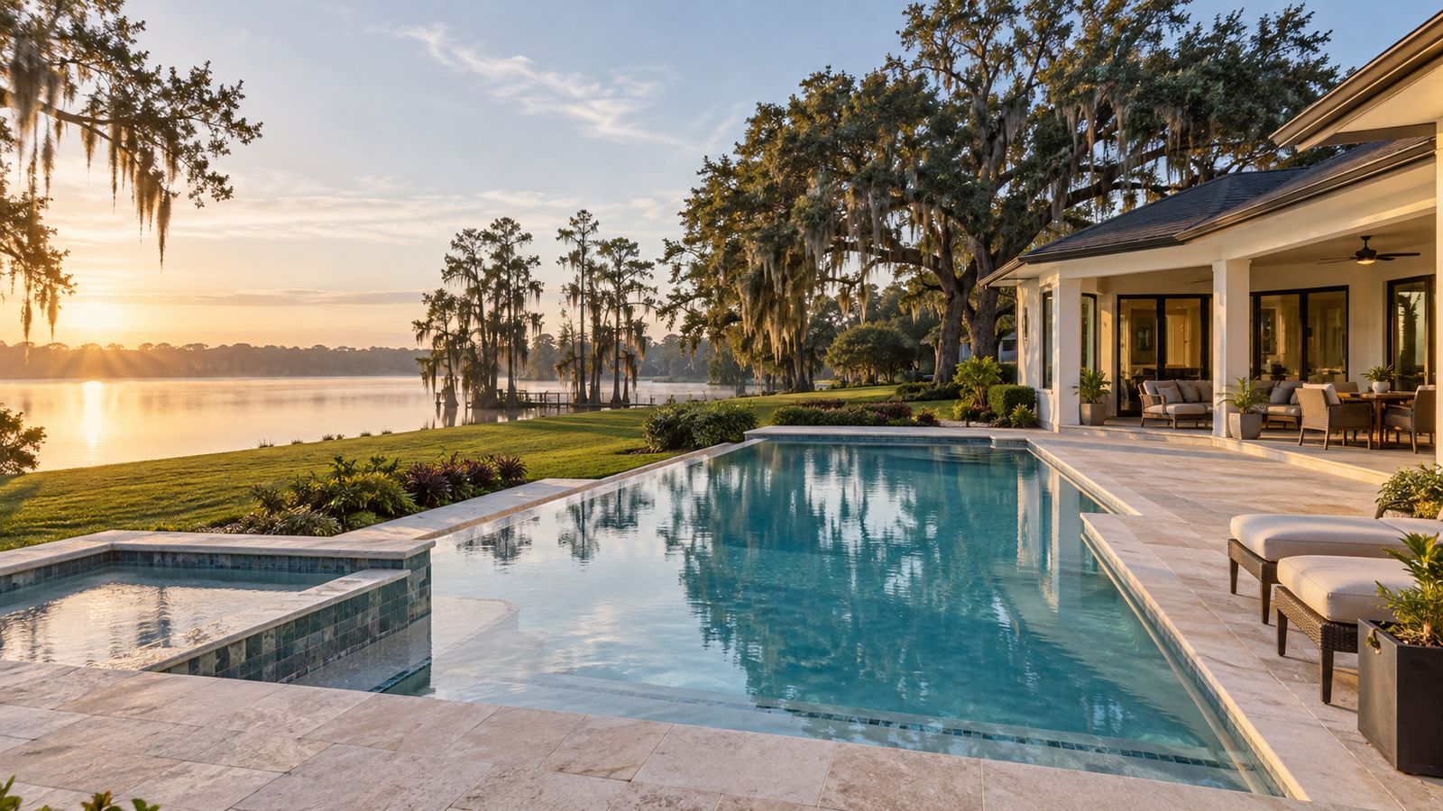 Lakefront pool and spa on a travertine deck beside a lake with cypress trees and Spanish moss at sunrise (AI-generated concept image)