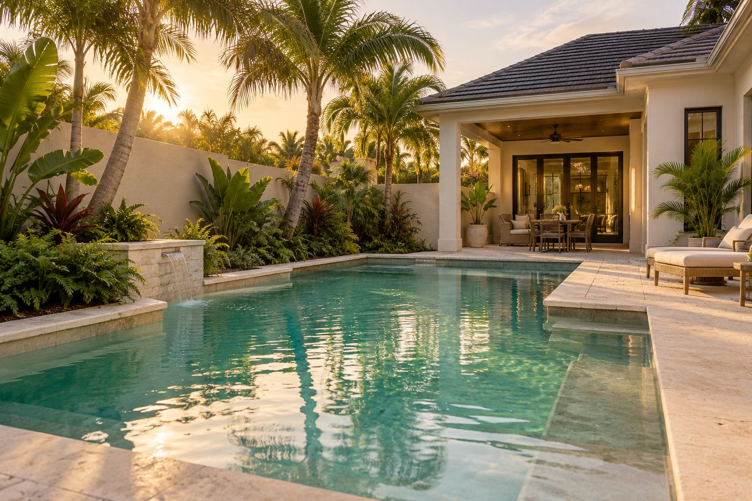 Rectangular pool with a sheer descent water feature, travertine coping and a covered lanai at sunset (AI-generated concept image)