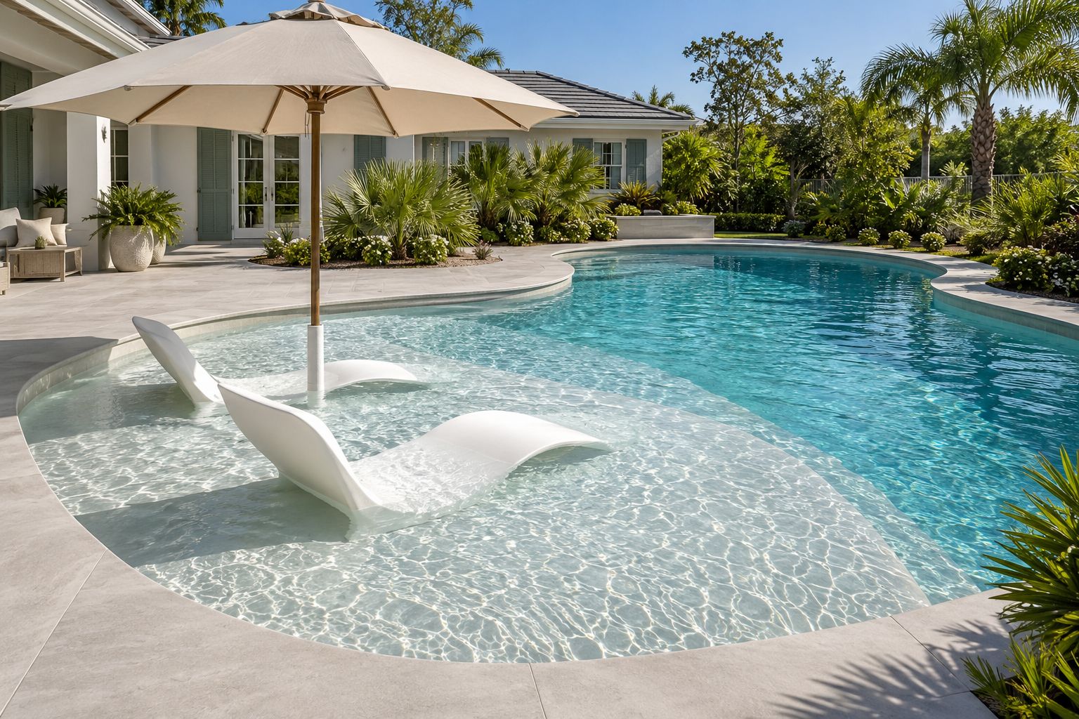 Freeform pool with a wide tanning ledge, in-water loungers and an umbrella beside a light concrete deck (AI-generated concept image)