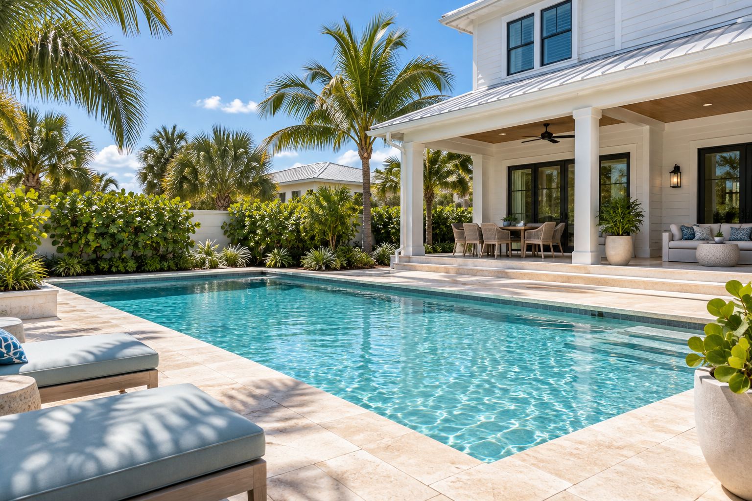 Rectangular pool surrounded by a wide travertine paver deck and a covered porch (AI-generated concept image)