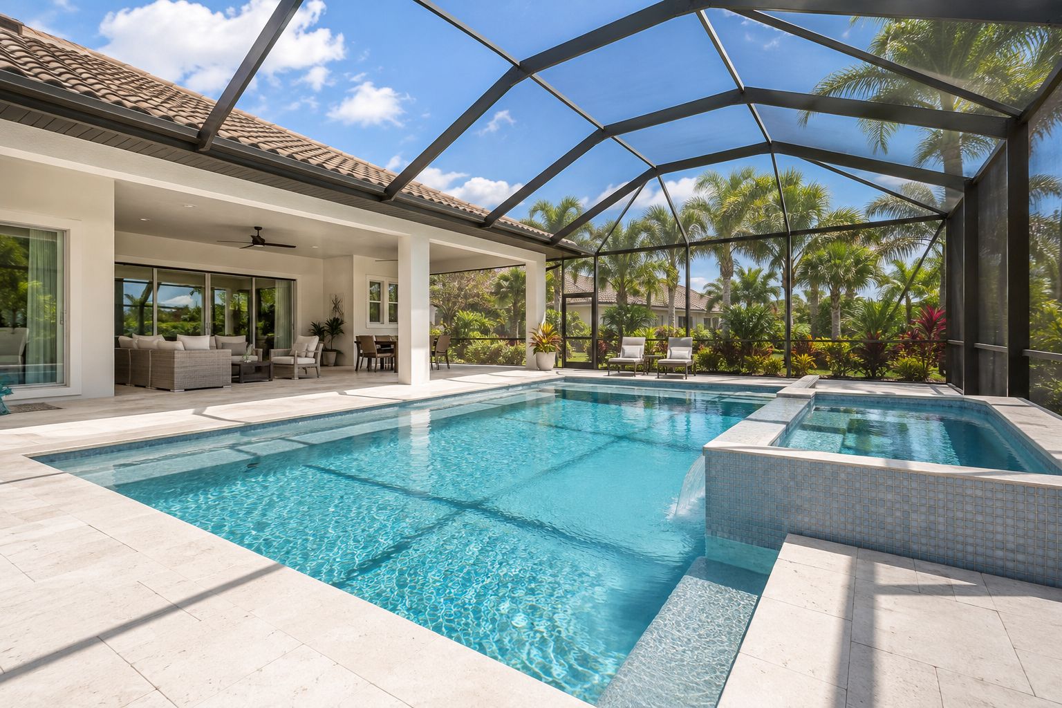 Pool and spa inside a black aluminum screen enclosure with a travertine deck and covered lanai (AI-generated concept image)